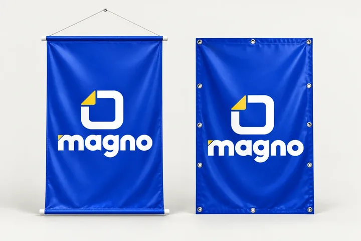Banner Magno com corda e bastões e lona Magno com ilhós metálicos em toda a volta