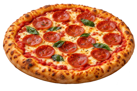 Pizza de pepperoni com queijo e manjericão